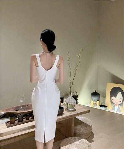 Vogue Sheath Spaghetti Straps Slit Midi Dress Elegant Lace Splicing Cinched-Waist Evening Long Dress AP3647