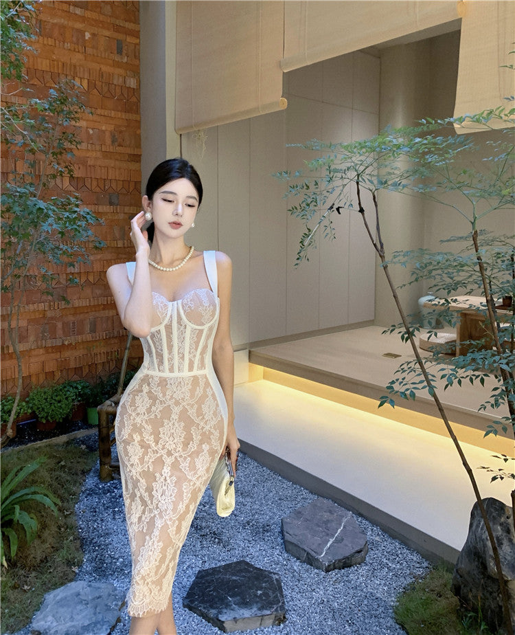 Vogue Sheath Spaghetti Straps Slit Midi Dress Elegant Lace Splicing Cinched-Waist Evening Long Dress AP3647