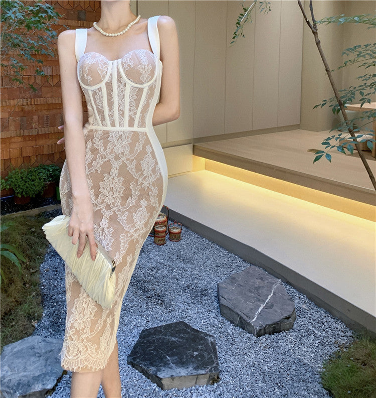 Vogue Sheath Spaghetti Straps Slit Midi Dress Elegant Lace Splicing Cinched-Waist Evening Long Dress AP3647