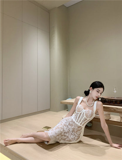 Vogue Sheath Spaghetti Straps Slit Midi Dress Elegant Lace Splicing Cinched-Waist Evening Long Dress AP3647