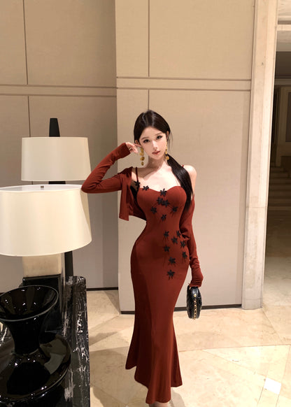 Princess 2-Piece Set Appliques Evening Mermaid Red Maxi Dress Alluring Long Sleeve Cardigan Spaghetti Strap Long Dress AP3649