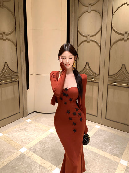 Princess 2-Piece Set Appliques Evening Mermaid Red Maxi Dress Alluring Long Sleeve Cardigan Spaghetti Strap Long Dress AP3649