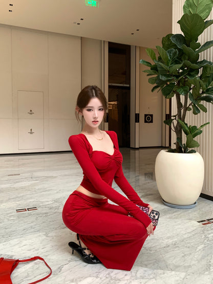 Pretty Red 3-Piece Set Ruched Evening Maxi Dress With Cardigan Alluring Spaghetti Strap Cinched Bodice Sheath Long Dress AP3650