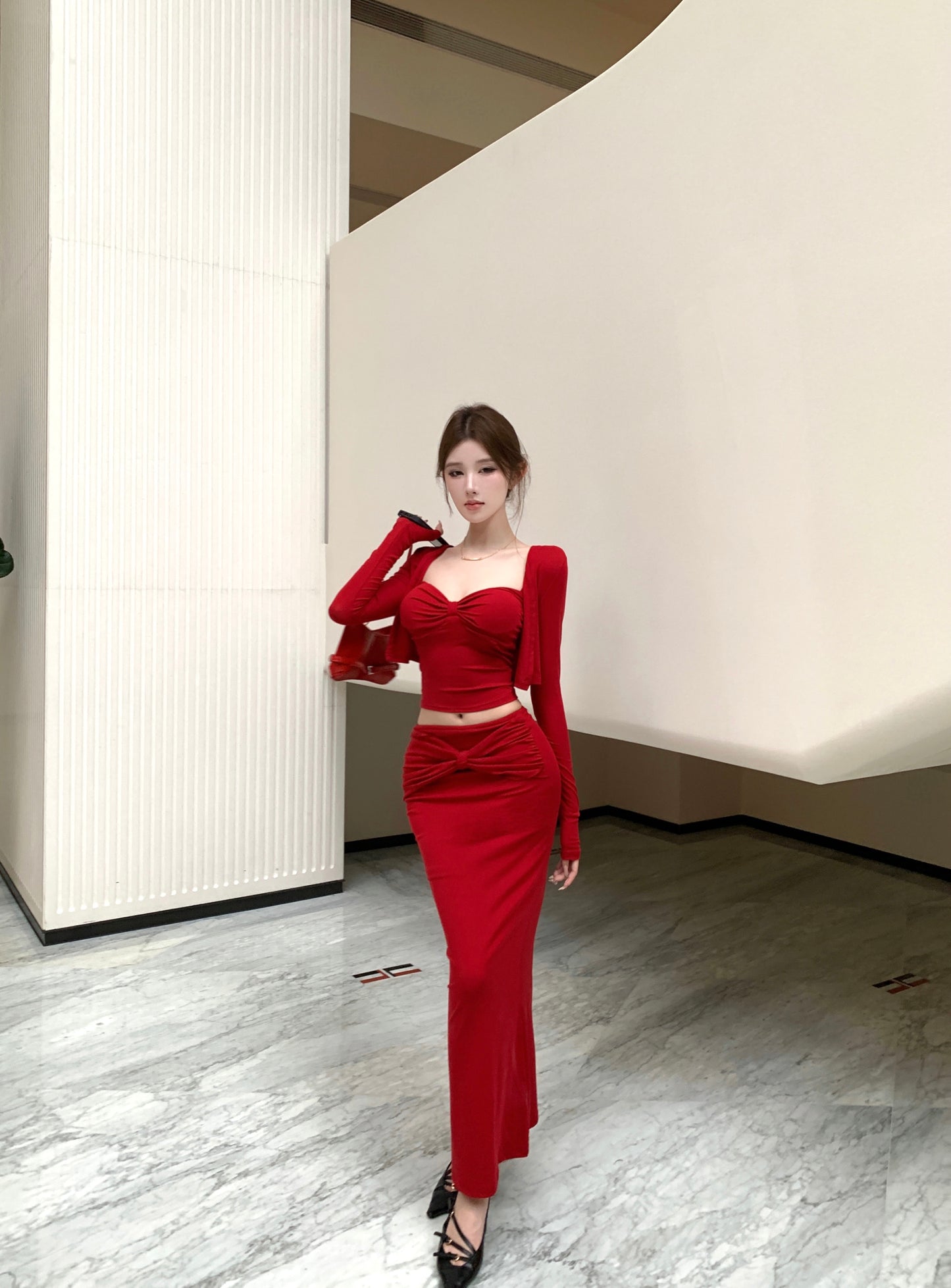 Pretty Red 3-Piece Set Ruched Evening Maxi Dress With Cardigan Alluring Spaghetti Strap Cinched Bodice Sheath Long Dress AP3650