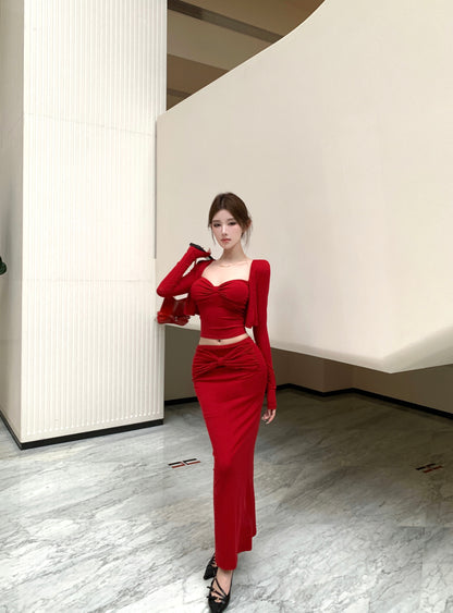Pretty Red 3-Piece Set Ruched Evening Maxi Dress With Cardigan Alluring Spaghetti Strap Cinched Bodice Sheath Long Dress AP3650