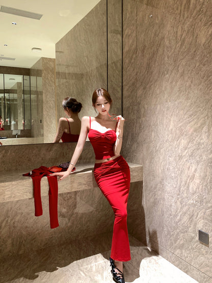 Pretty Red 3-Piece Set Ruched Evening Maxi Dress With Cardigan Alluring Spaghetti Strap Cinched Bodice Sheath Long Dress AP3650