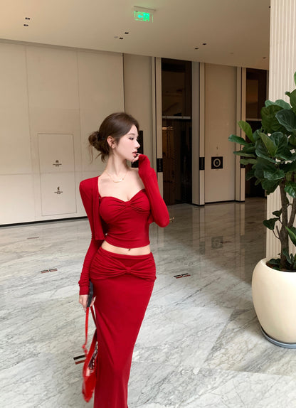 Pretty Red 3-Piece Set Ruched Evening Maxi Dress With Cardigan Alluring Spaghetti Strap Cinched Bodice Sheath Long Dress AP3650