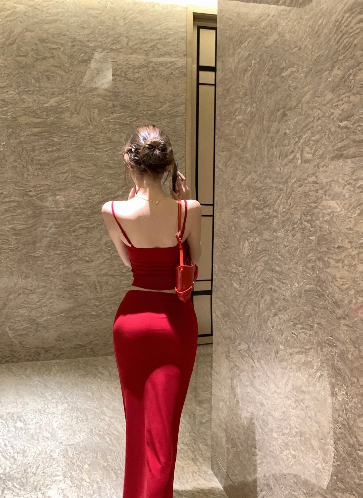 Pretty Red 3-Piece Set Ruched Evening Maxi Dress With Cardigan Alluring Spaghetti Strap Cinched Bodice Sheath Long Dress AP3650