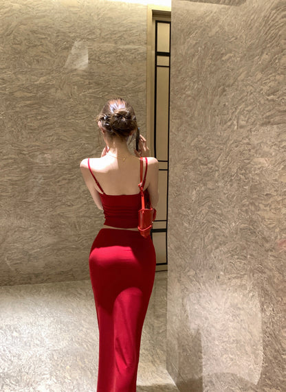 Pretty Red 3-Piece Set Ruched Evening Maxi Dress With Cardigan Alluring Spaghetti Strap Cinched Bodice Sheath Long Dress AP3650