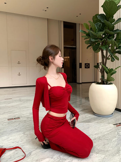 Pretty Red 3-Piece Set Ruched Evening Maxi Dress With Cardigan Alluring Spaghetti Strap Cinched Bodice Sheath Long Dress AP3650