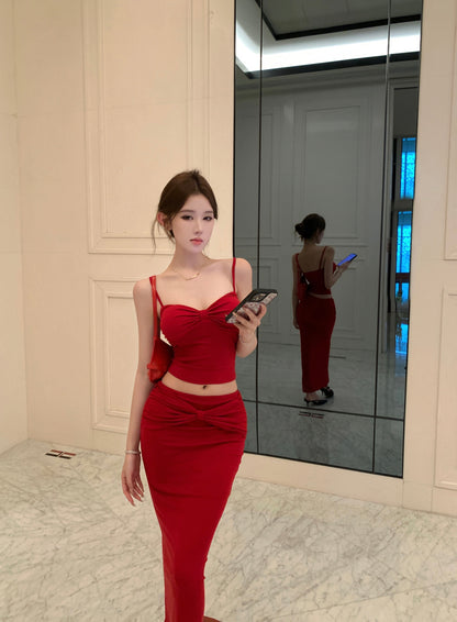 Pretty Red 3-Piece Set Ruched Evening Maxi Dress With Cardigan Alluring Spaghetti Strap Cinched Bodice Sheath Long Dress AP3650