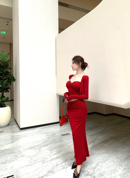 Pretty Red 3-Piece Set Ruched Evening Maxi Dress With Cardigan Alluring Spaghetti Strap Cinched Bodice Sheath Long Dress AP3650