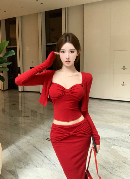 Pretty Red 3-Piece Set Ruched Evening Maxi Dress With Cardigan Alluring Spaghetti Strap Cinched Bodice Sheath Long Dress AP3650