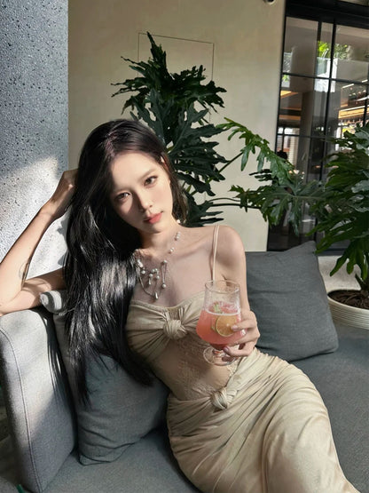 Maximalism Lace Splicing Sheath Evening Maxi Dress Romantic Spaghetti Strap Ruced Long Dress AP3651