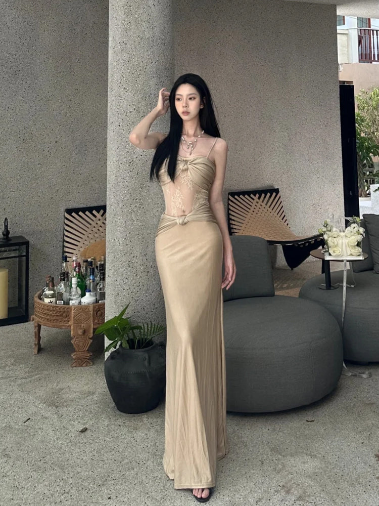 Maximalism Lace Splicing Sheath Evening Maxi Dress Romantic Spaghetti Strap Ruced Long Dress AP3651