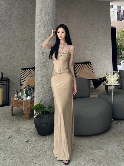 Maximalism Lace Splicing Sheath Evening Maxi Dress Romantic Spaghetti Strap Ruced Long Dress AP3651