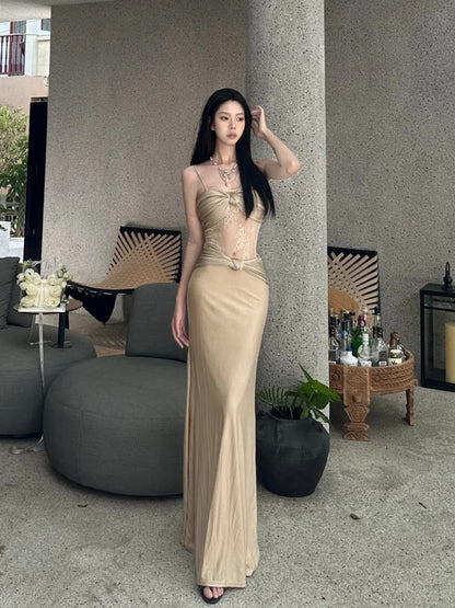 Maximalism Lace Splicing Sheath Evening Maxi Dress Romantic Spaghetti Strap Ruced Long Dress AP3651