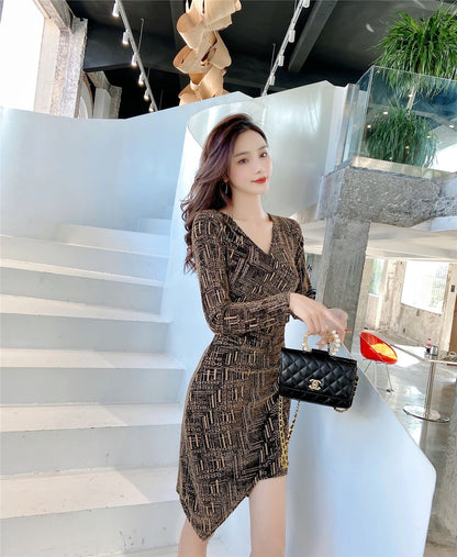 Delicate Sheath V Neck Print Mini Dress Elegant Long Sleeve Asymmetric Hem Short Dress AP3653