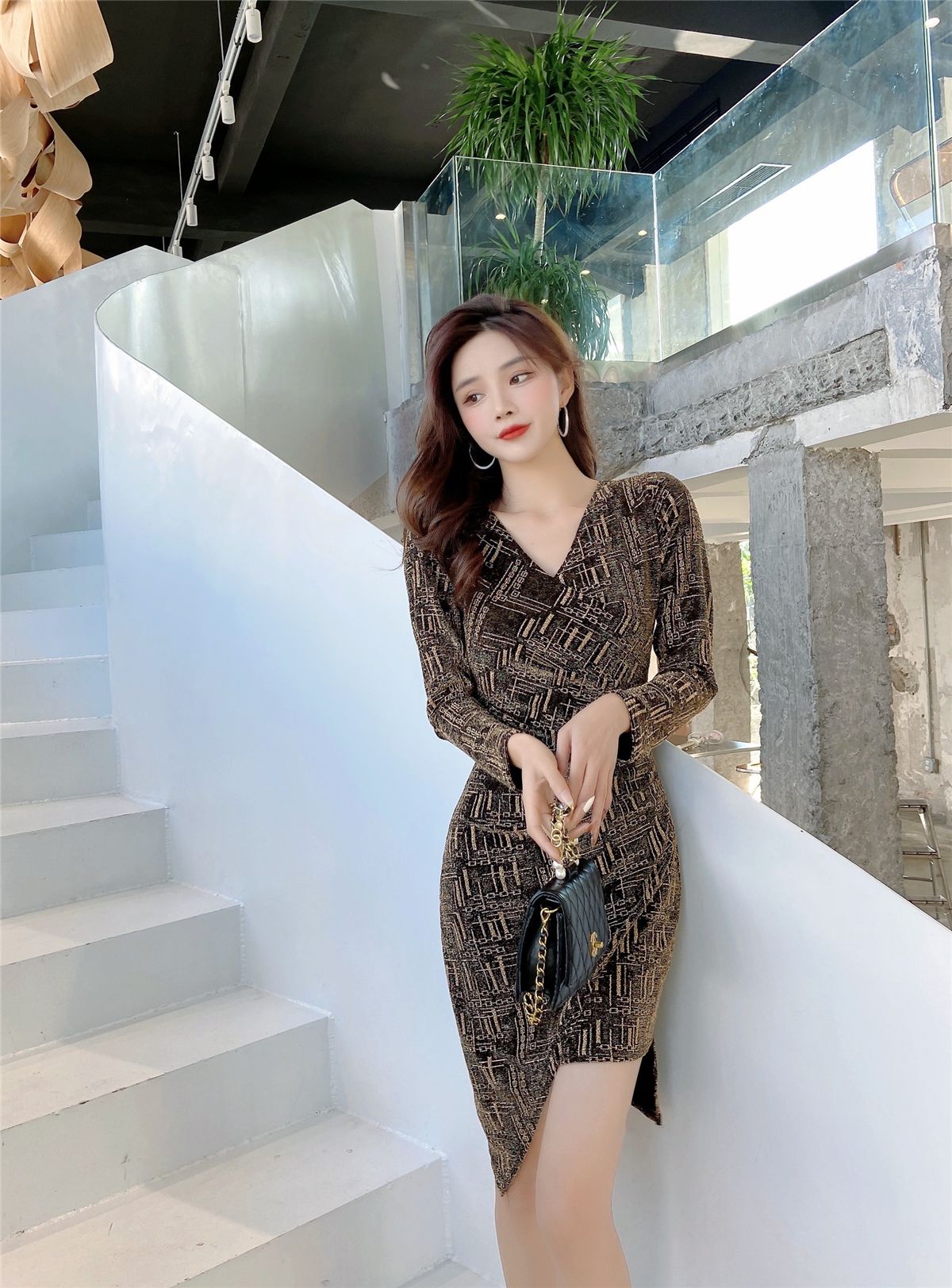 Delicate Sheath V Neck Print Mini Dress Elegant Long Sleeve Asymmetric Hem Short Dress AP3653