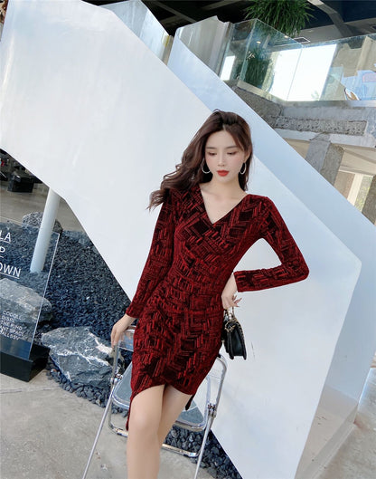 Hot Girls V Neck Asymmetric Hem Print Mini Dress Novelty Long Sleeve Sheath Short Dress AP3654