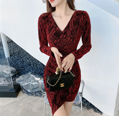 Hot Girls V Neck Asymmetric Hem Print Mini Dress Novelty Long Sleeve Sheath Short Dress AP3654