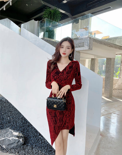 Hot Girls V Neck Asymmetric Hem Print Mini Dress Novelty Long Sleeve Sheath Short Dress AP3654