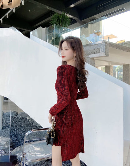 Hot Girls V Neck Asymmetric Hem Print Mini Dress Novelty Long Sleeve Sheath Short Dress AP3654