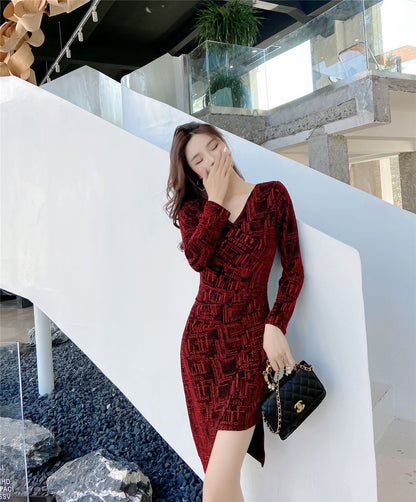 Hot Girls V Neck Asymmetric Hem Print Mini Dress Novelty Long Sleeve Sheath Short Dress AP3654