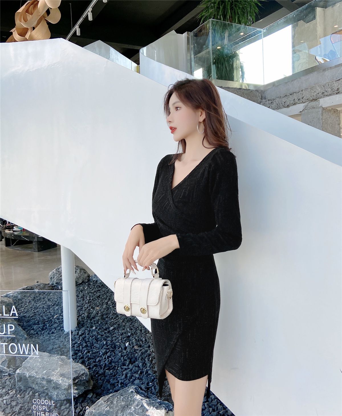 Gen Z Style V Neck Long Sleeve Sheath Mini Dress Simple Asymmetric Hem Black Short Dress AP3655