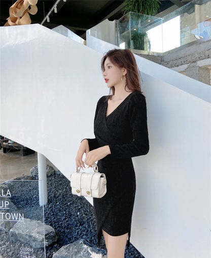 Gen Z Style V Neck Long Sleeve Sheath Mini Dress Simple Asymmetric Hem Black Short Dress AP3655