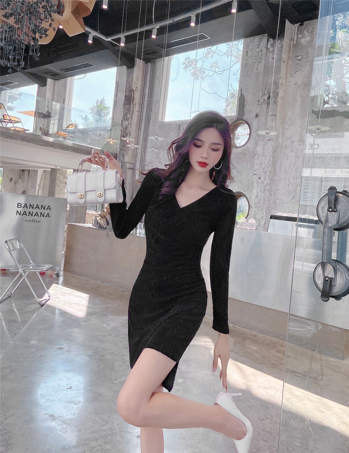 Gen Z Style V Neck Long Sleeve Sheath Mini Dress Simple Asymmetric Hem Black Short Dress AP3655