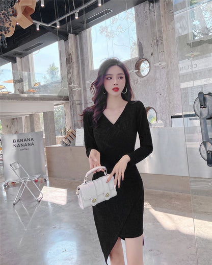 Gen Z Style V Neck Long Sleeve Sheath Mini Dress Simple Asymmetric Hem Black Short Dress AP3655
