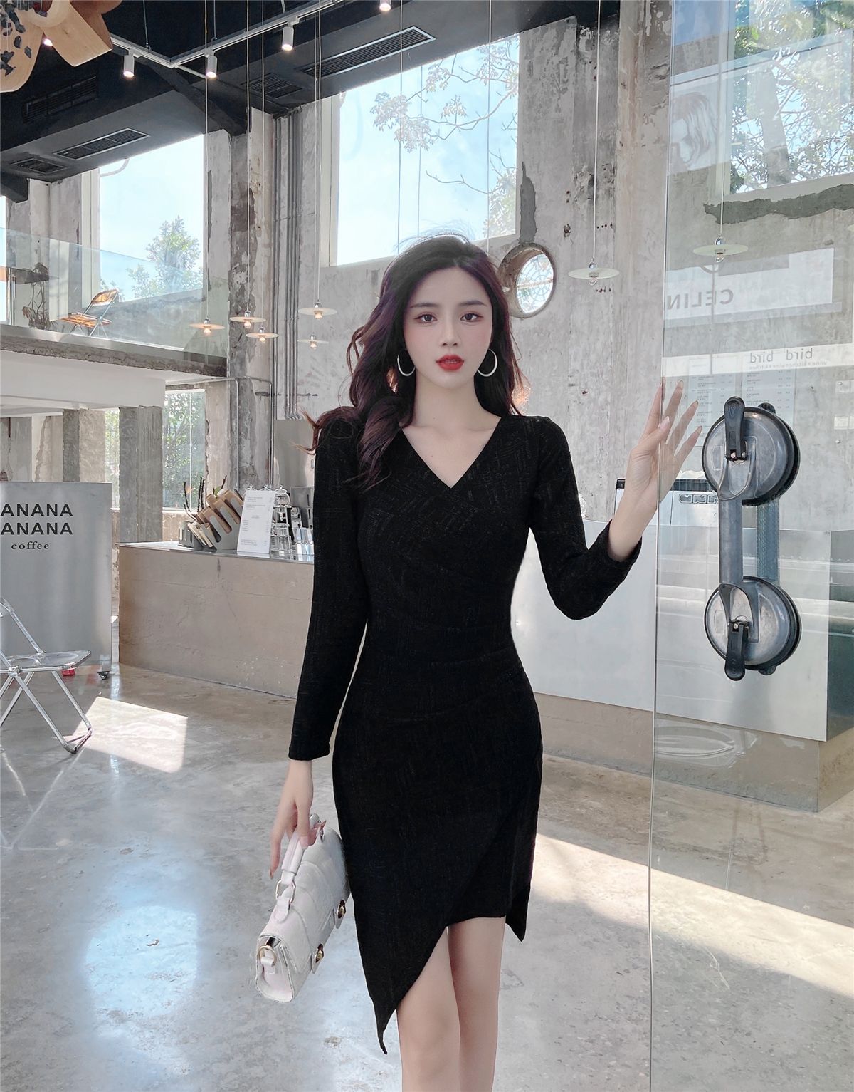 Gen Z Style V Neck Long Sleeve Sheath Mini Dress Simple Asymmetric Hem Black Short Dress AP3655
