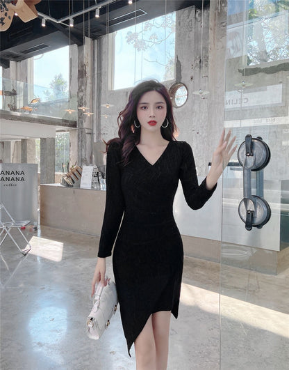 Gen Z Style V Neck Long Sleeve Sheath Mini Dress Simple Asymmetric Hem Black Short Dress AP3655