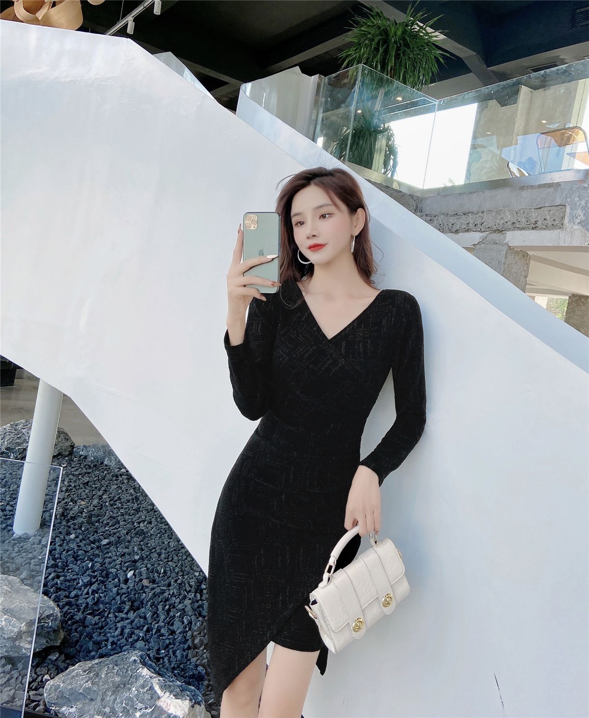 Gen Z Style V Neck Long Sleeve Sheath Mini Dress Simple Asymmetric Hem Black Short Dress AP3655