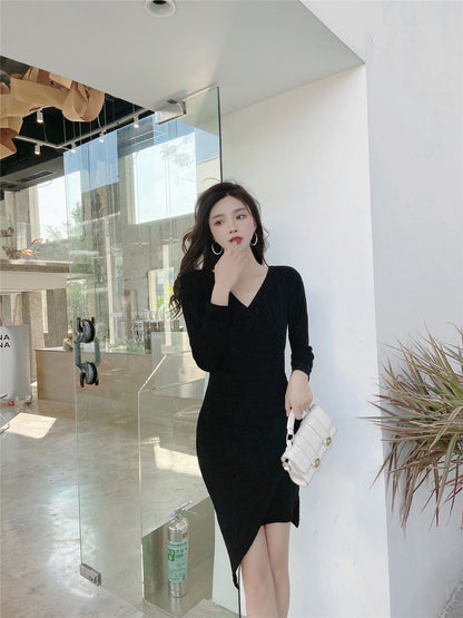 Gen Z Style V Neck Long Sleeve Sheath Mini Dress Simple Asymmetric Hem Black Short Dress AP3655