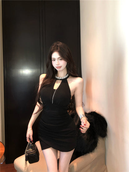 Hottie Jewel Neck Cutout Black Asymmetric Hem Mini Skirt Charming Bodycon Rhinestones Design Halter Short Dress AP3656