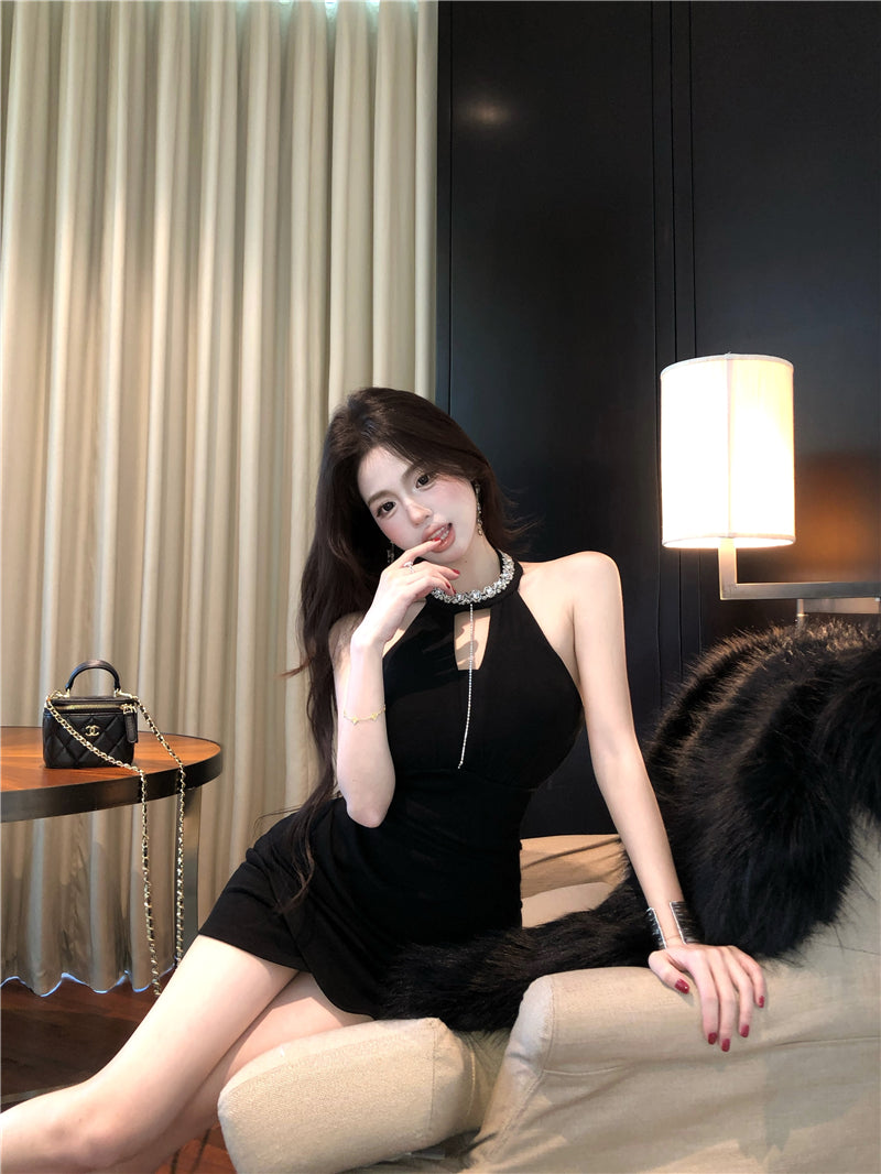 Hottie Jewel Neck Cutout Black Asymmetric Hem Mini Skirt Charming Bodycon Rhinestones Design Halter Short Dress AP3656