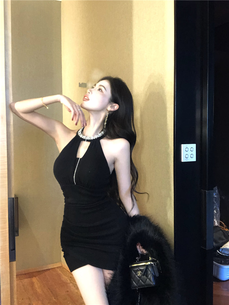 Hottie Jewel Neck Cutout Black Asymmetric Hem Mini Skirt Charming Bodycon Rhinestones Design Halter Short Dress AP3656