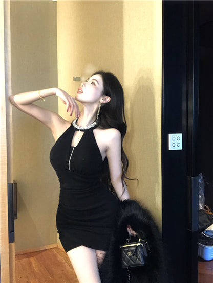 Hottie Jewel Neck Cutout Black Asymmetric Hem Mini Skirt Charming Bodycon Rhinestones Design Halter Short Dress AP3656