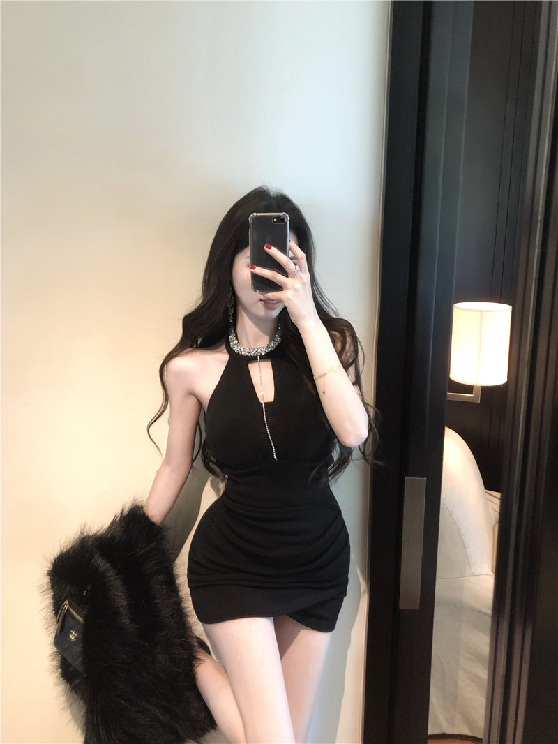 Hottie Jewel Neck Cutout Black Asymmetric Hem Mini Skirt Charming Bodycon Rhinestones Design Halter Short Dress AP3656