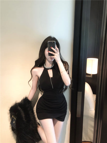 Hottie Jewel Neck Cutout Black Asymmetric Hem Mini Skirt Charming Bodycon Rhinestones Design Halter Short Dress AP3656