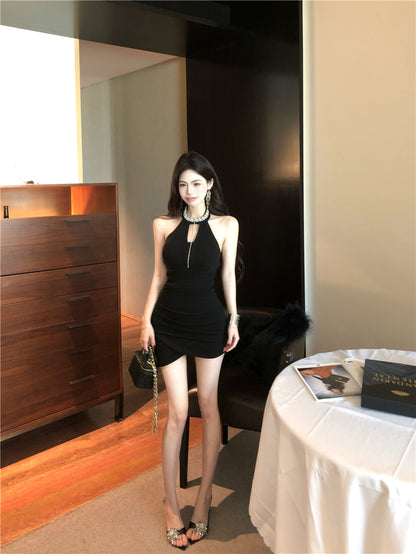 Hottie Jewel Neck Cutout Black Asymmetric Hem Mini Skirt Charming Bodycon Rhinestones Design Halter Short Dress AP3656