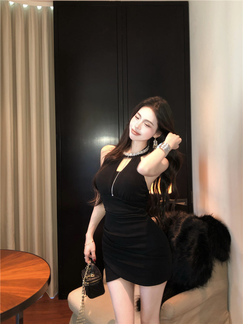 Hottie Jewel Neck Cutout Black Asymmetric Hem Mini Skirt Charming Bodycon Rhinestones Design Halter Short Dress AP3656