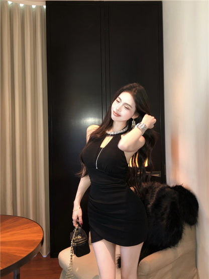 Hottie Jewel Neck Cutout Black Asymmetric Hem Mini Skirt Charming Bodycon Rhinestones Design Halter Short Dress AP3656