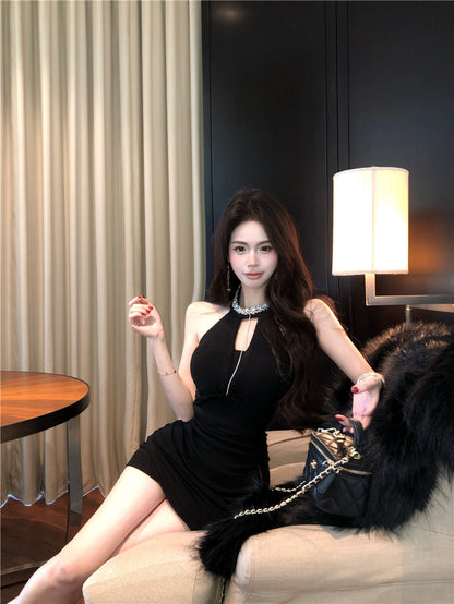 Hottie Jewel Neck Cutout Black Asymmetric Hem Mini Skirt Charming Bodycon Rhinestones Design Halter Short Dress AP3656