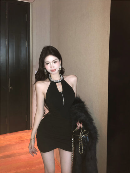 Hottie Jewel Neck Cutout Black Asymmetric Hem Mini Skirt Charming Bodycon Rhinestones Design Halter Short Dress AP3656