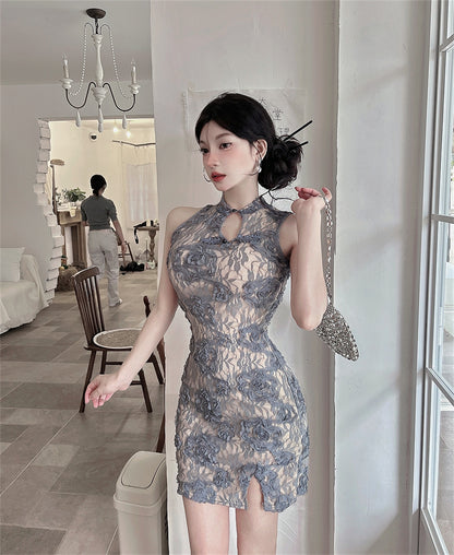 Casual Lace Floral Print Mandarin Collar Mini Skirt Oriental Style Cutout Slit Halter Short Dress AP3657