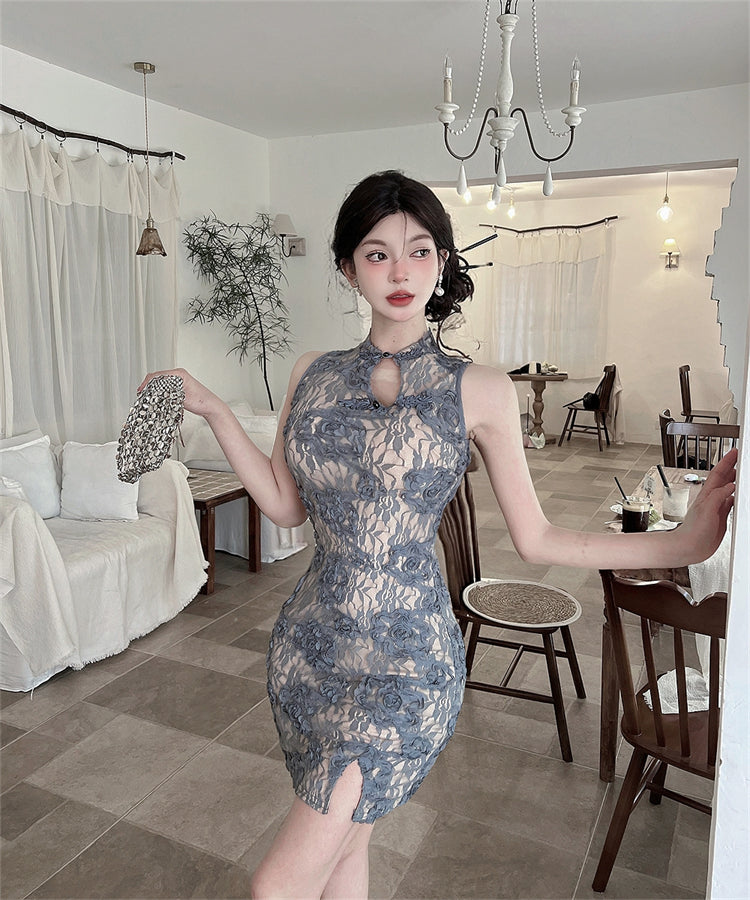 Casual Lace Floral Print Mandarin Collar Mini Skirt Oriental Style Cutout Slit Halter Short Dress AP3657