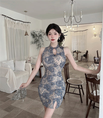 Casual Lace Floral Print Mandarin Collar Mini Skirt Oriental Style Cutout Slit Halter Short Dress AP3657
